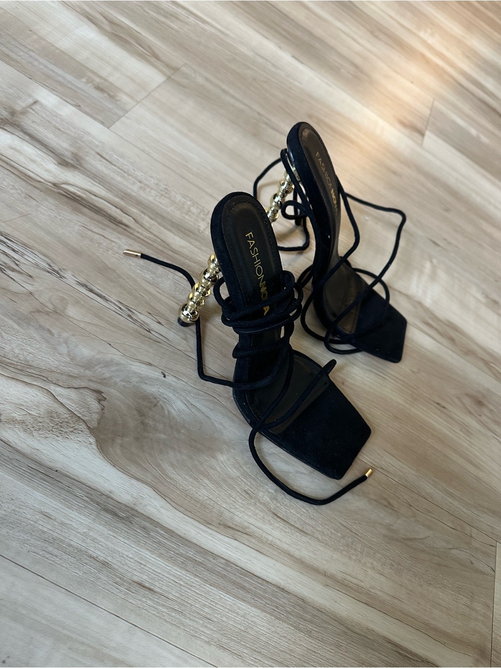Black Lace-Up Heels with Gold Bead Heel Detail
